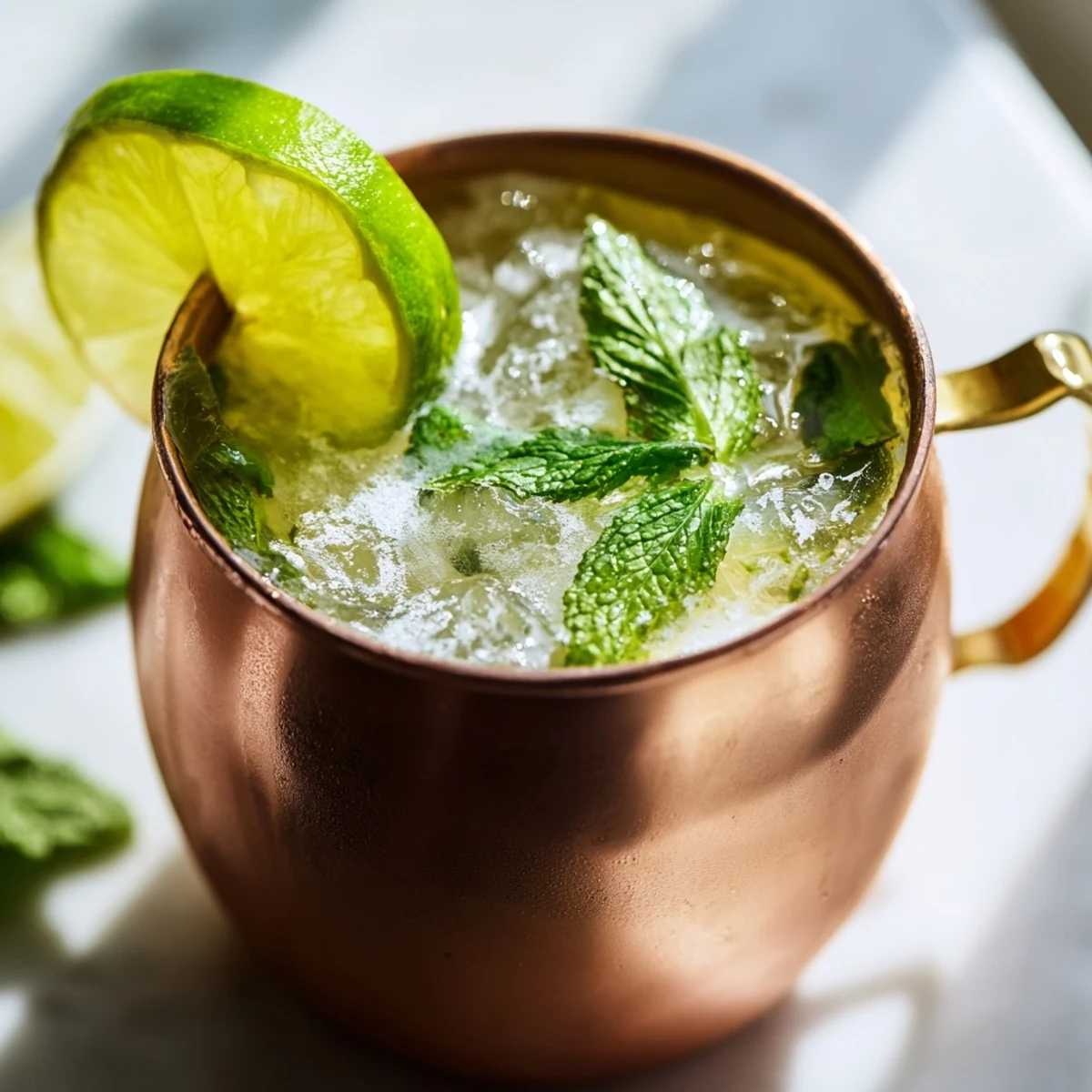 Crisp non-alcoholic virgin Moscow Mule cocktail poured over ice with mint and fresh lime
