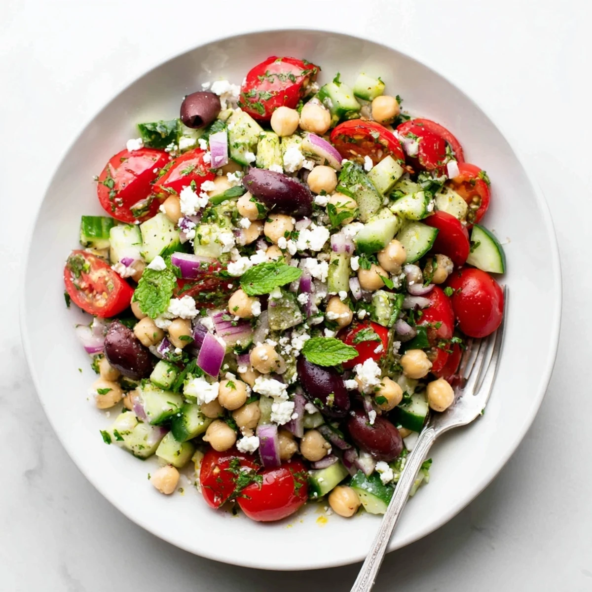 Colorful Mediterranean chickpea salad with fresh vegetables and tangy lemon dressing in a white bowl