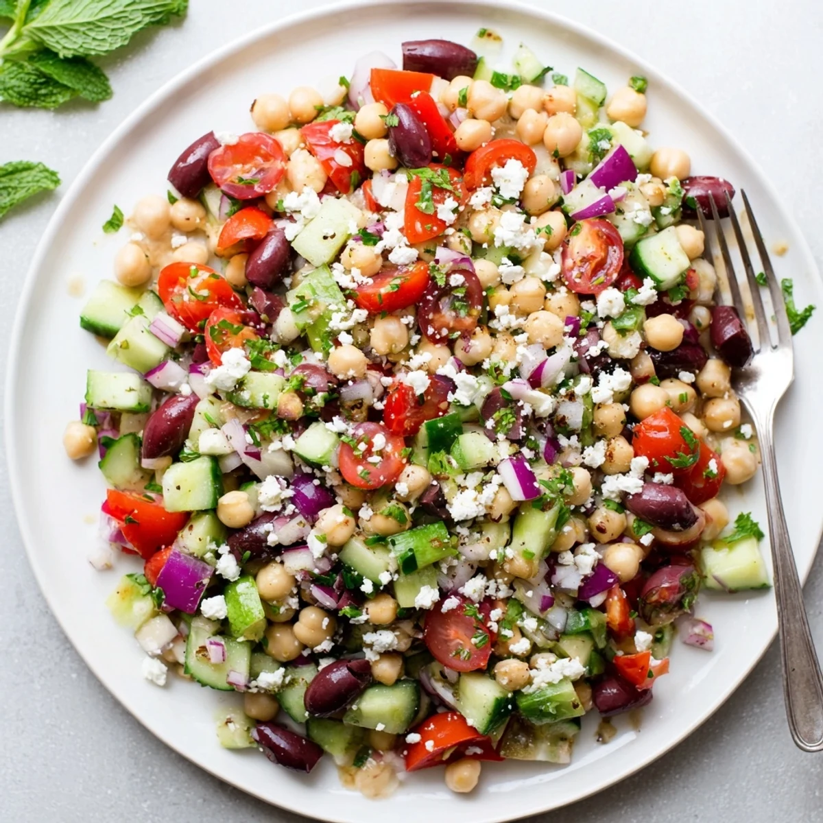 Fresh Mediterranean chickpea salad with chopped parsley and red onion on a wooden table