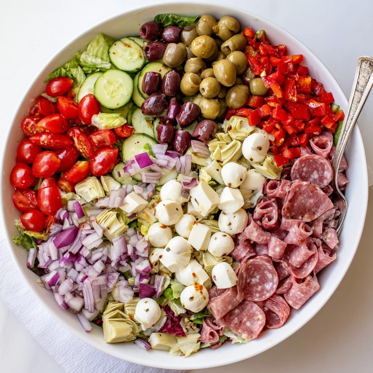 Colorful Antipasti Chopped Salad bowl with fresh romaine, salami, mozzarella, and Italian ingredients