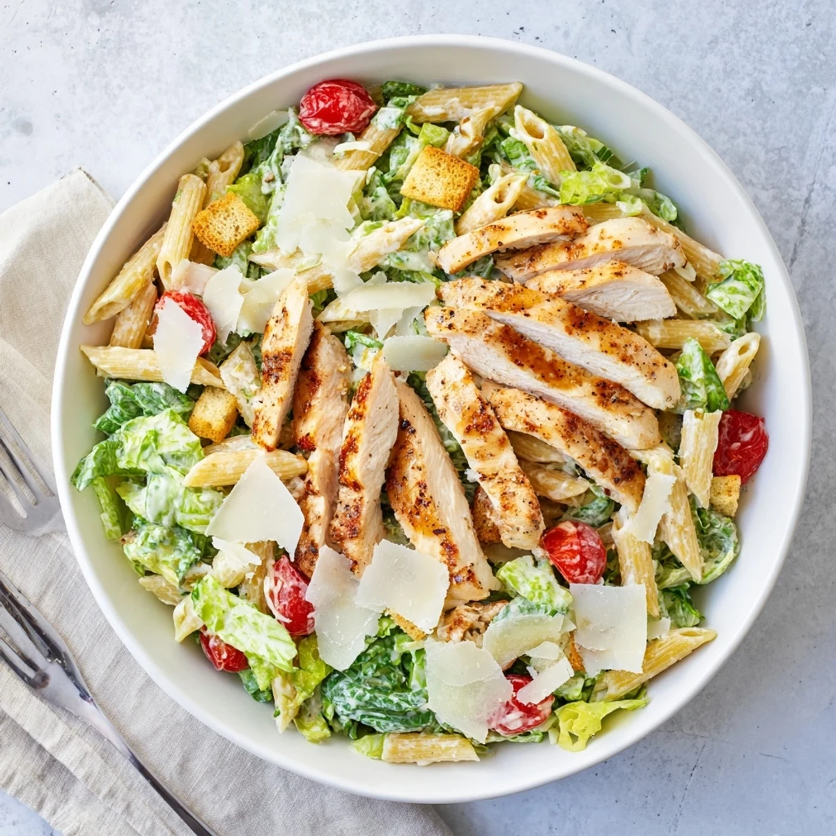 Golden sliced chicken rests atop al dente pasta and crisp romaine in this Chicken Caesar Pasta Salad tossed with creamy white dressing