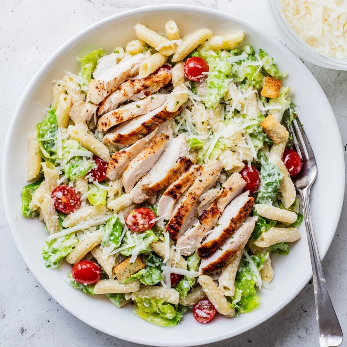 Creamy Caesar dressing coats tender pasta, grilled chicken, and crisp romaine lettuce in this colorful Chicken Caesar Pasta Salad platter