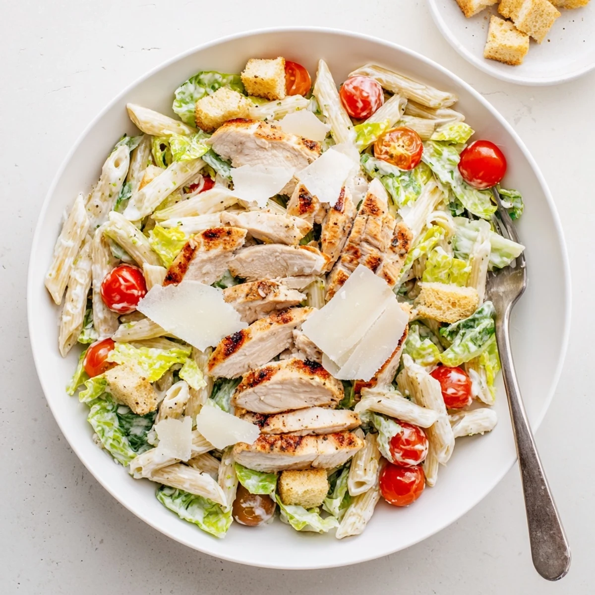 Fresh Chicken Caesar Pasta Salad bowl featuring grilled chicken strips, penne pasta, romaine lettuce, cherry tomatoes, and crunchy croutons