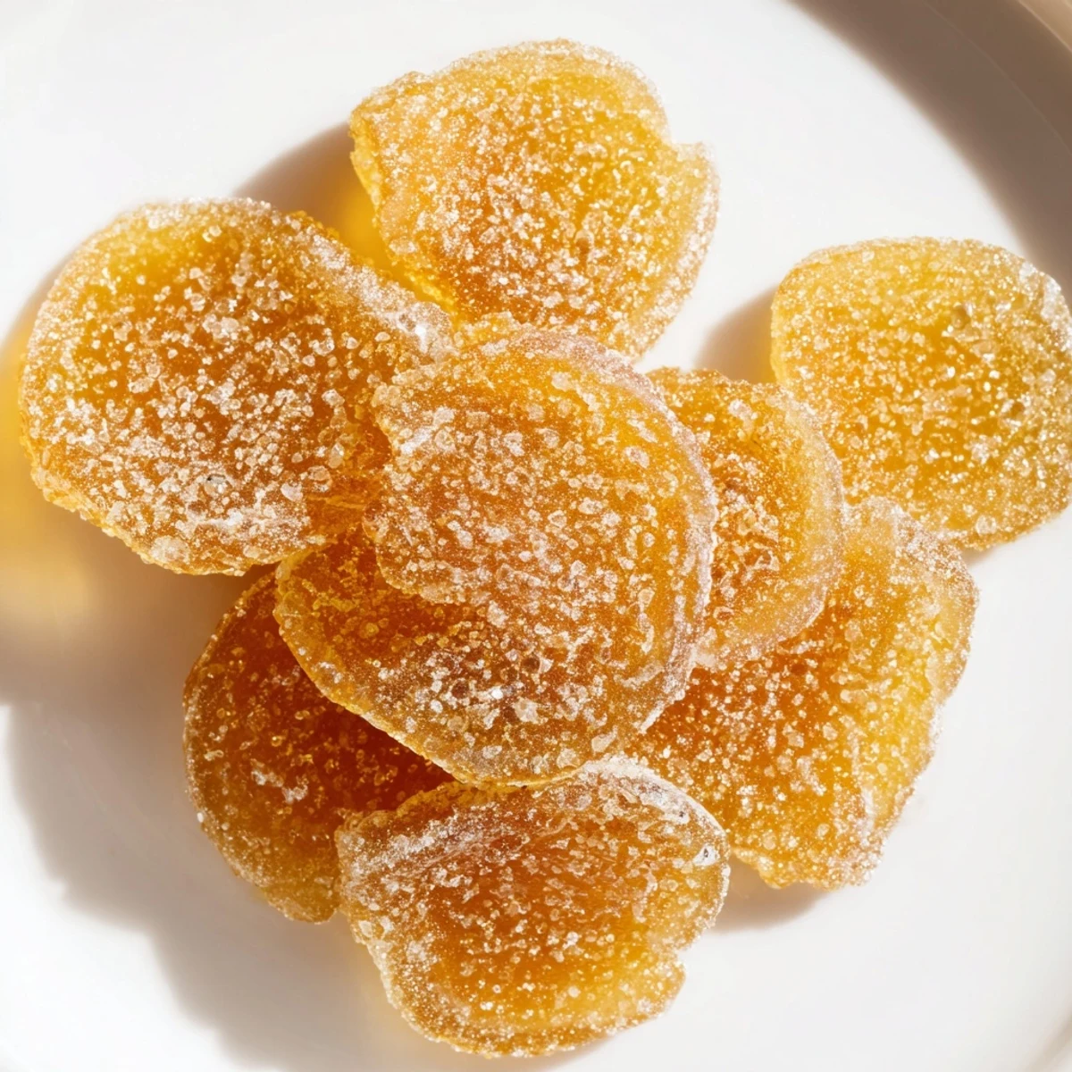 Glass bowl piled high with homemade candied ginger coated in sparkling white sugar crystals