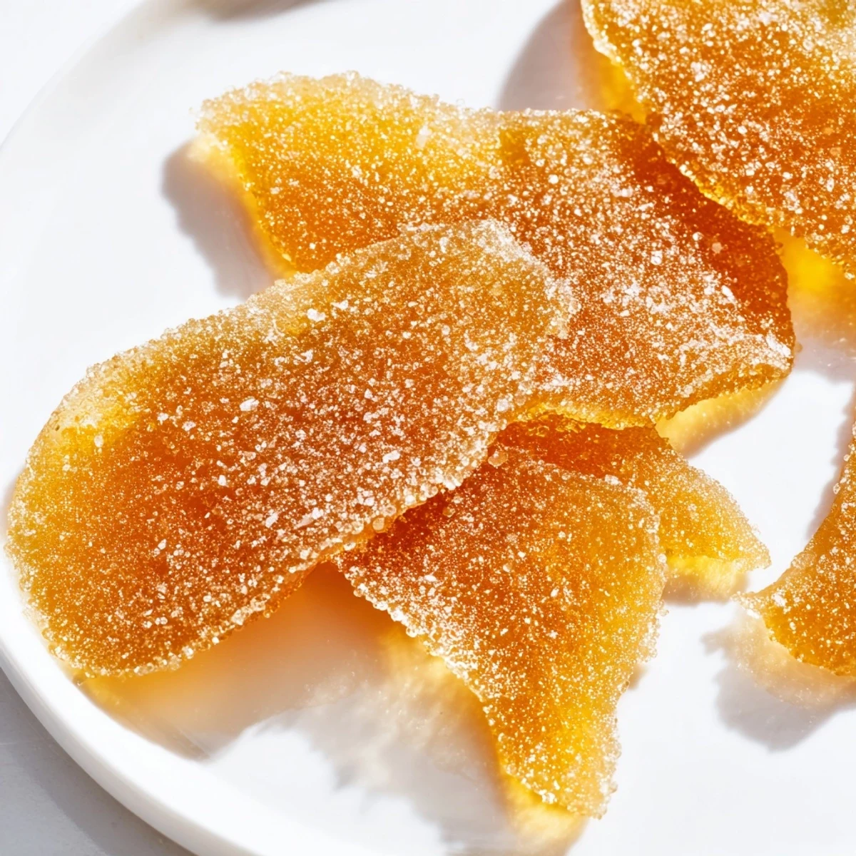 Translucent golden slices of sweet chewy candied ginger arranged on white marble serving board