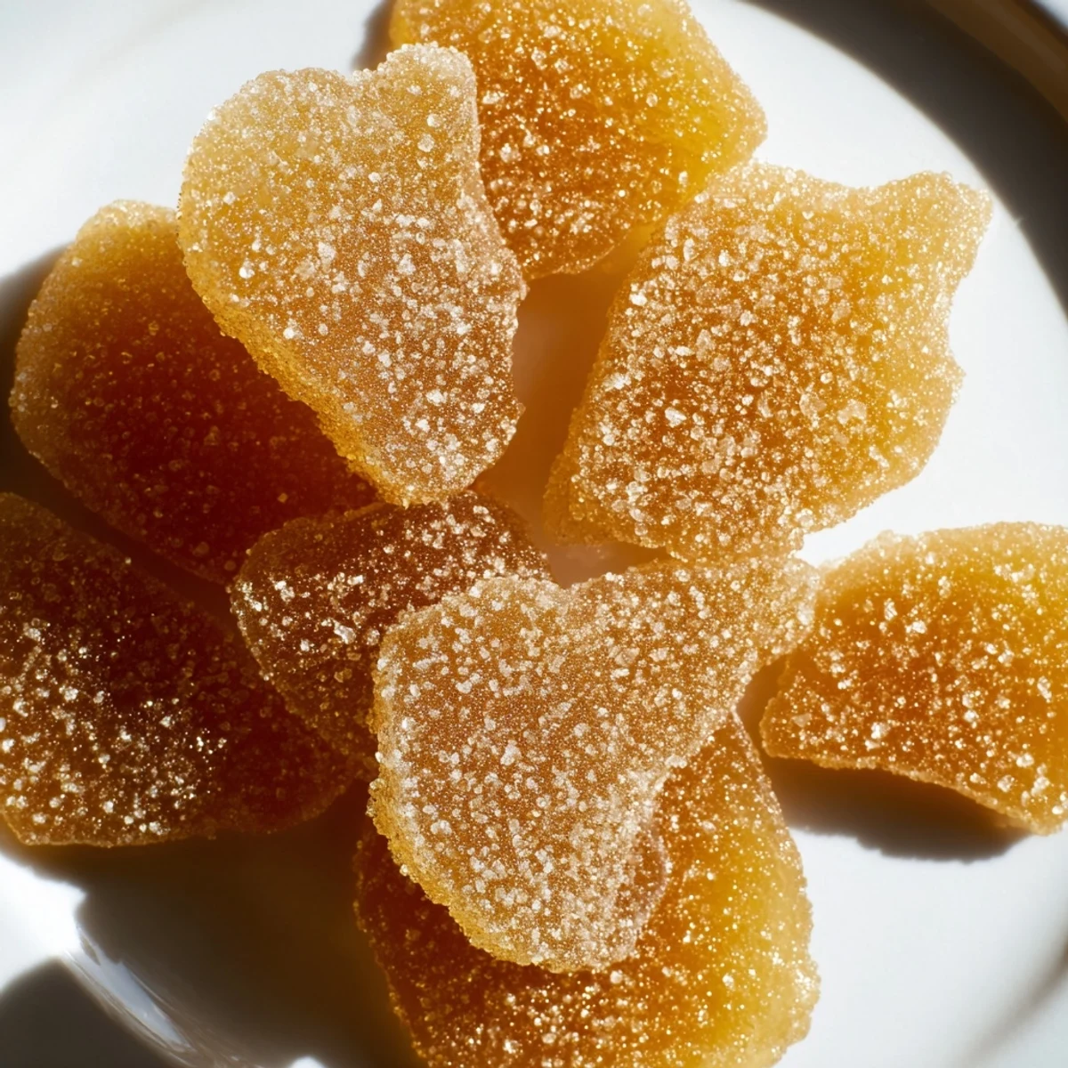Close up of sugary candied ginger pieces glistening under natural light on dark background