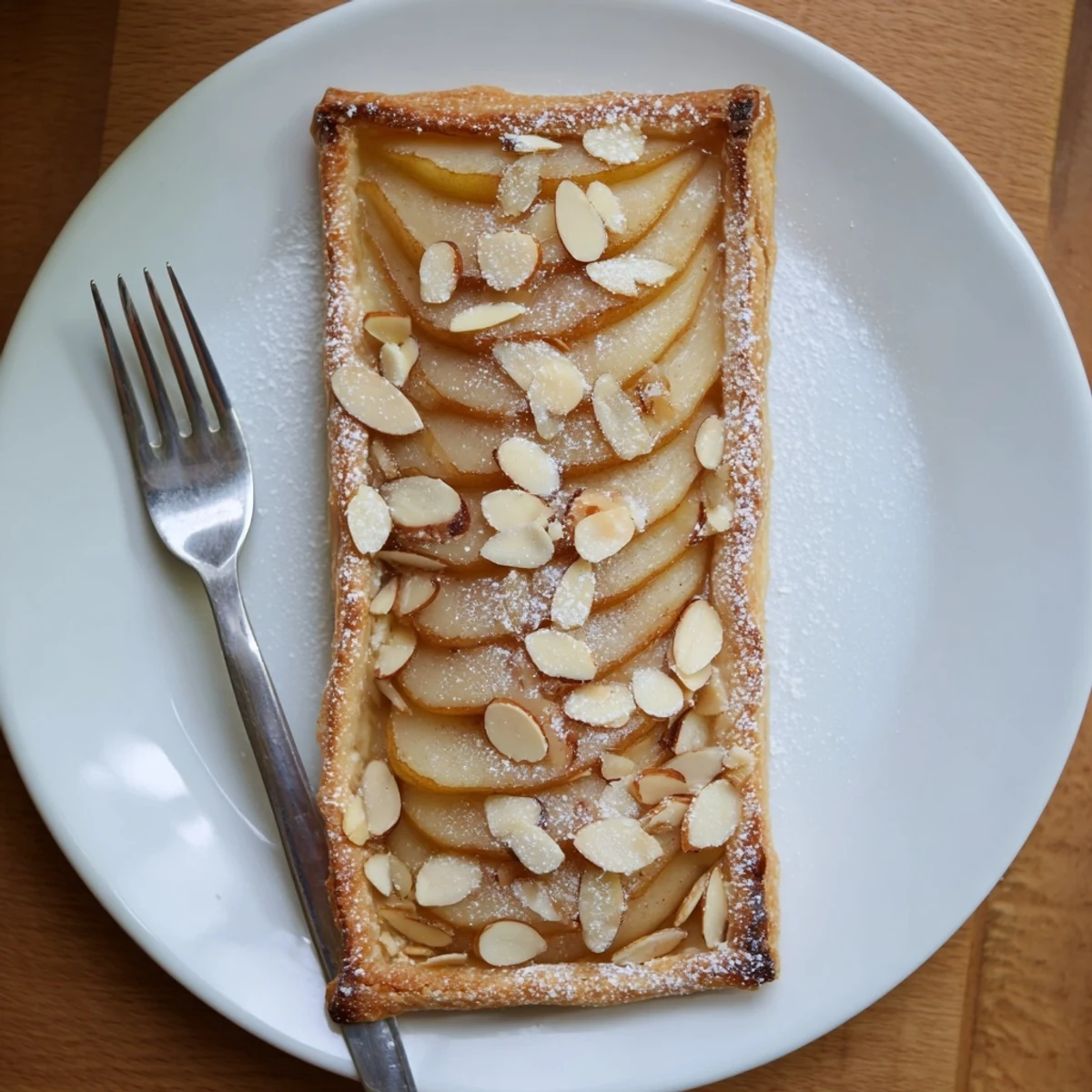 Fresh pear tarts with flaky puff pastry crust, dusted with powdered sugar on serving plate