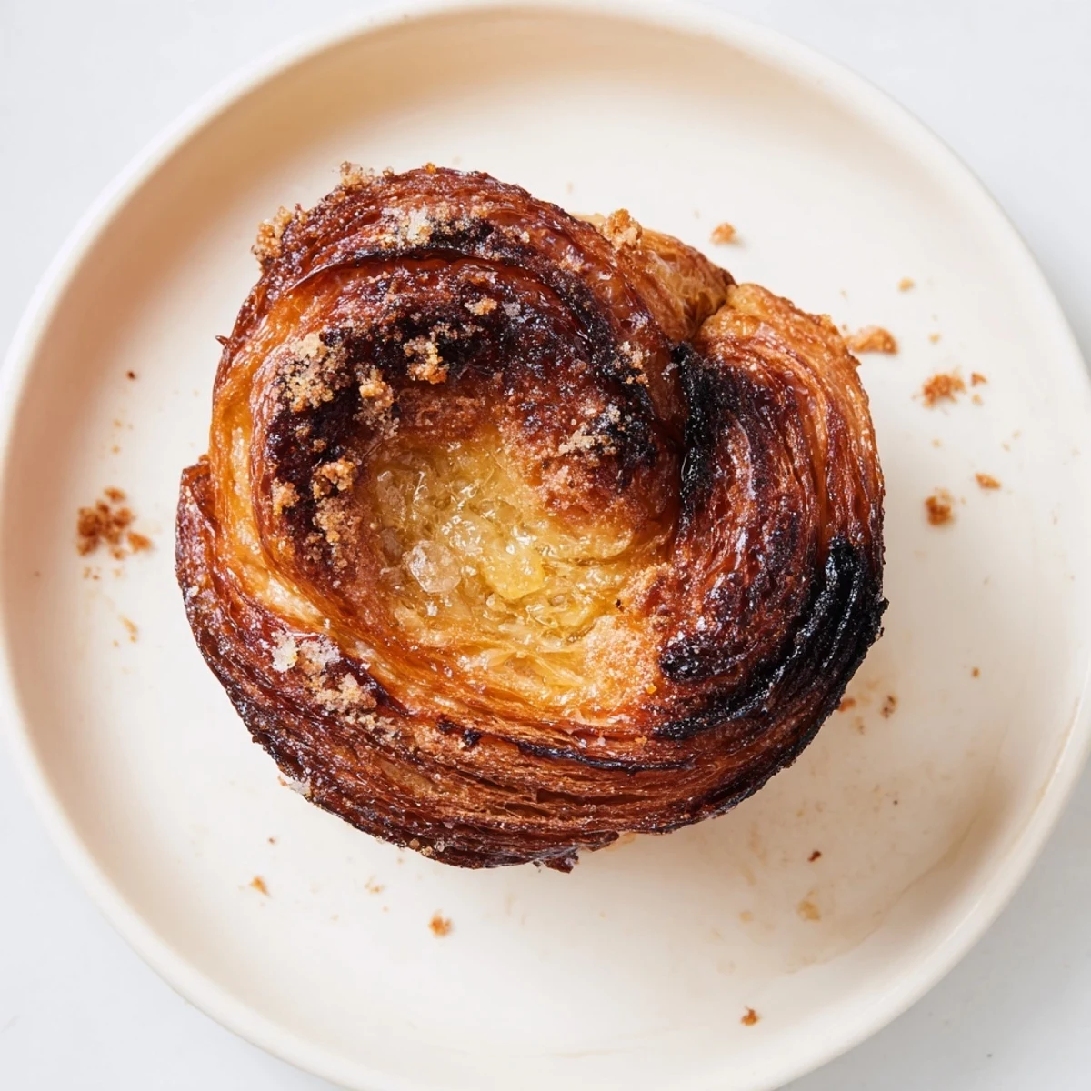 Golden caramelized Kouign Amann pastry with crisp sugary exterior and tender flaky layers