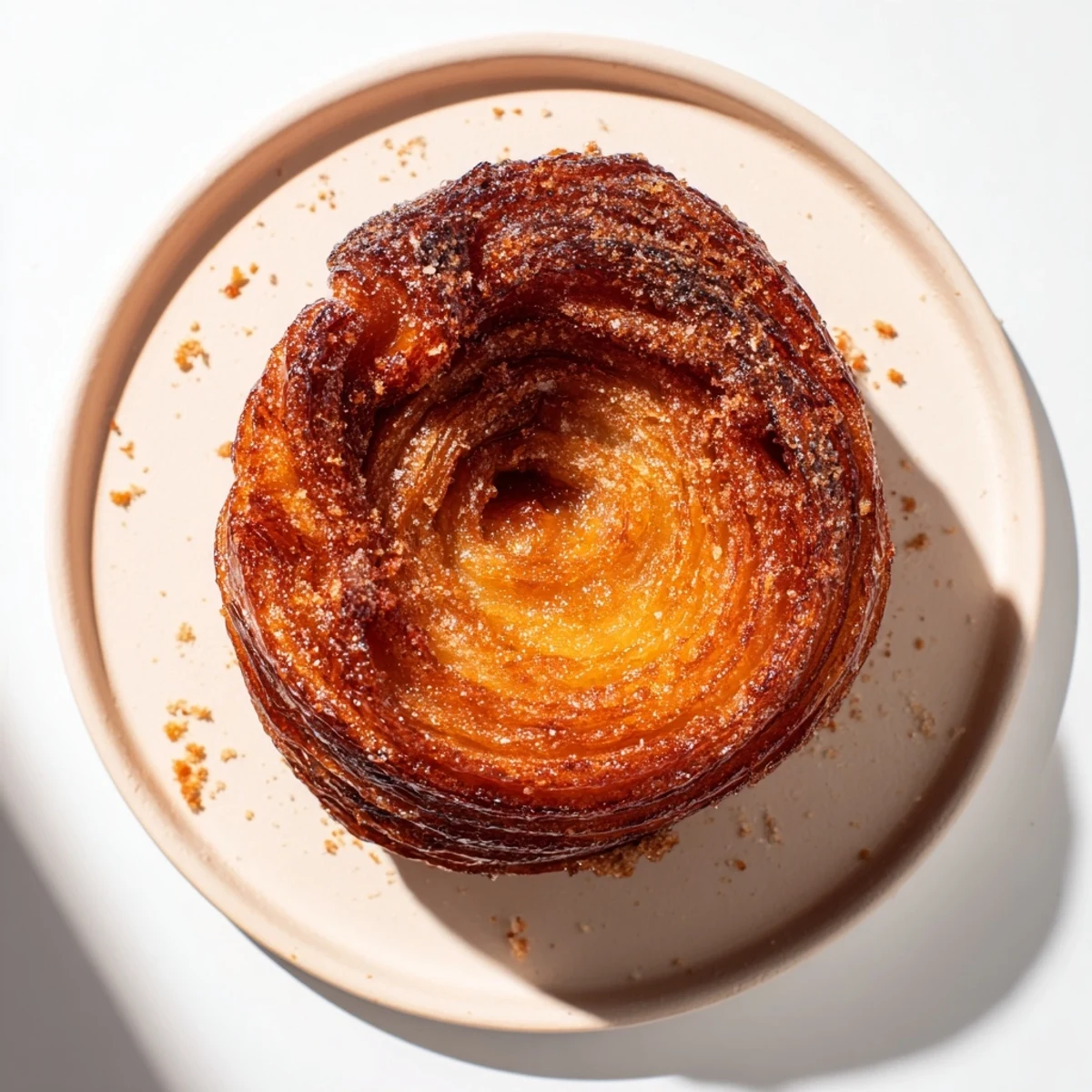 Freshly baked Kouign Amann cross section revealing soft interior and crunchy sugar coating