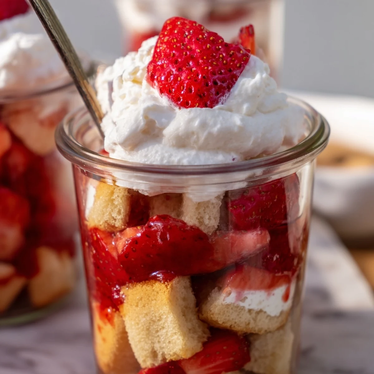 Golden Valentines strawberry shortcake cups layered with juicy macerated berries and fluffy whipped cream