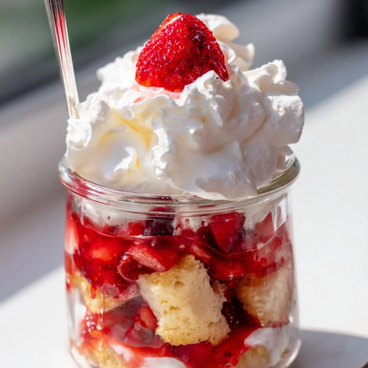 Individual shortcake desserts stacked with sweet red strawberries and vanilla cream in clear glass cups