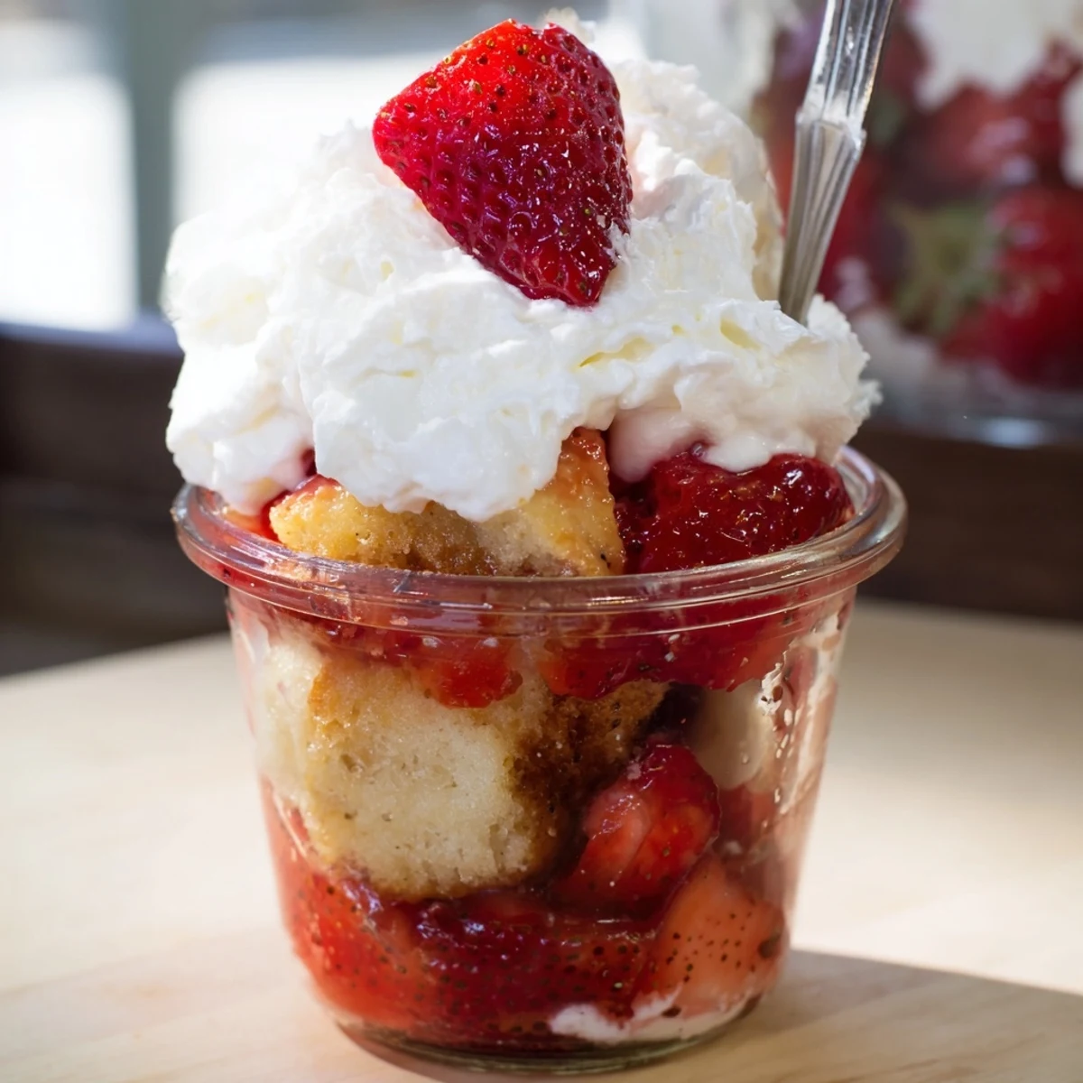 Romantic Valentine dessert featuring tender cake cubes topped with fresh strawberries and billowy white cream