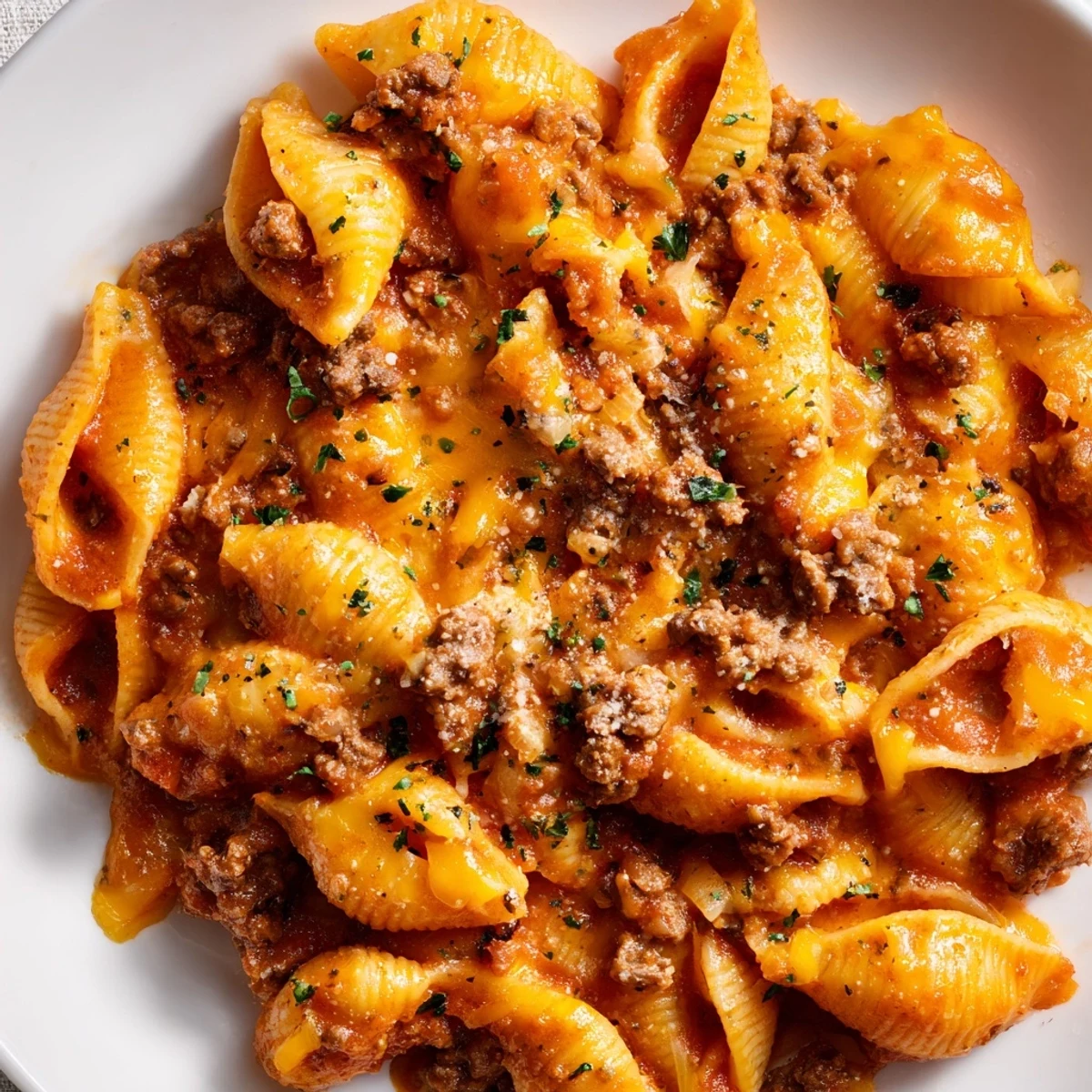 Savory ground beef and pasta shells simmered in a velvety tomato cream sauce with fresh parsley