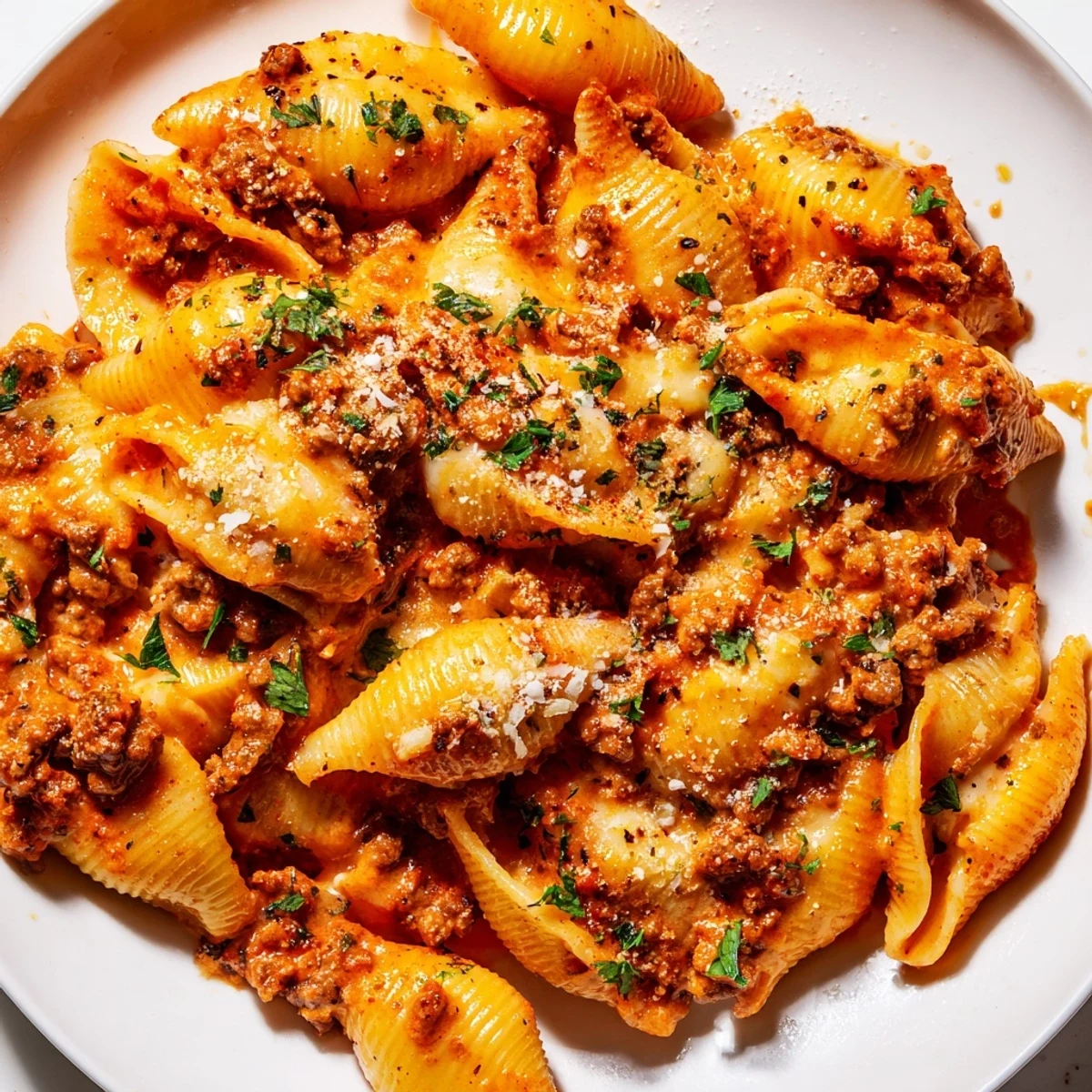 Gourmet creamy one pot beef shells featuring tender pasta and seasoned beef in a cheesy sauce