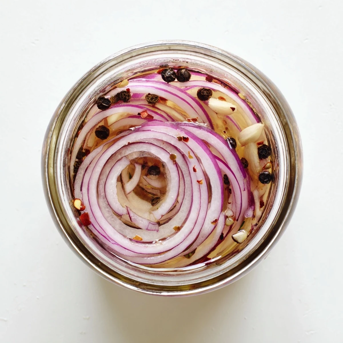 Tangy hot honey pickled red onions layered in clear glass with golden brine and peppercorns