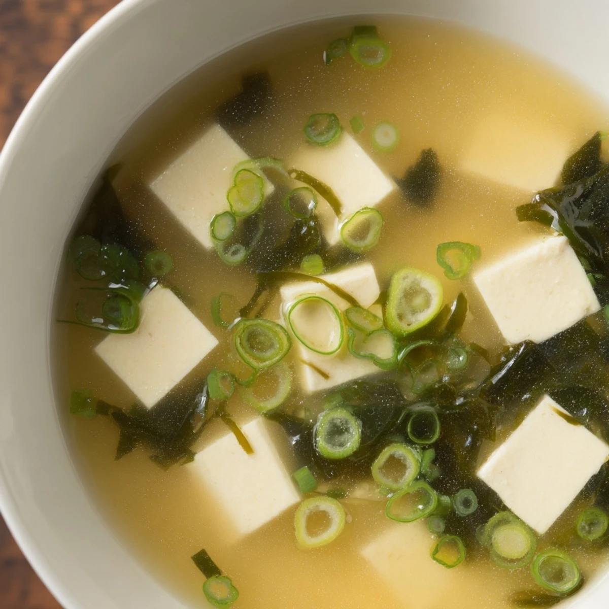 Steaming bowl of authentic miso soup featuring soft tofu cubes, wakame seaweed, and fresh green onion garnish