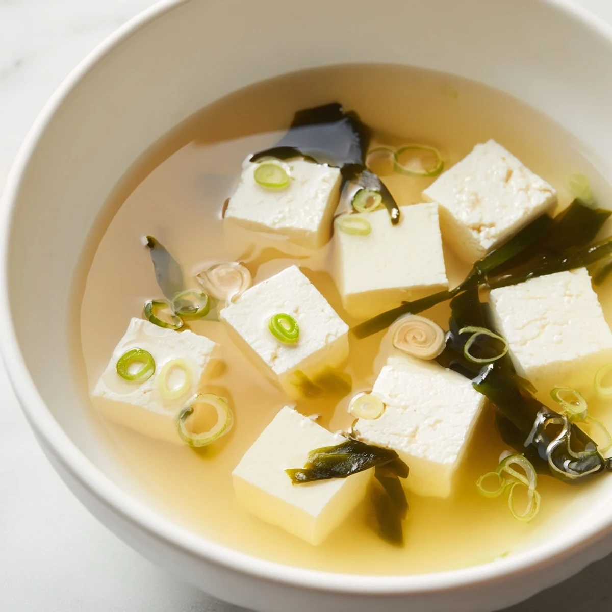 Golden Japanese miso broth filled with silken tofu, rehydrated seaweed, and sliced scallions in a white ceramic bowl