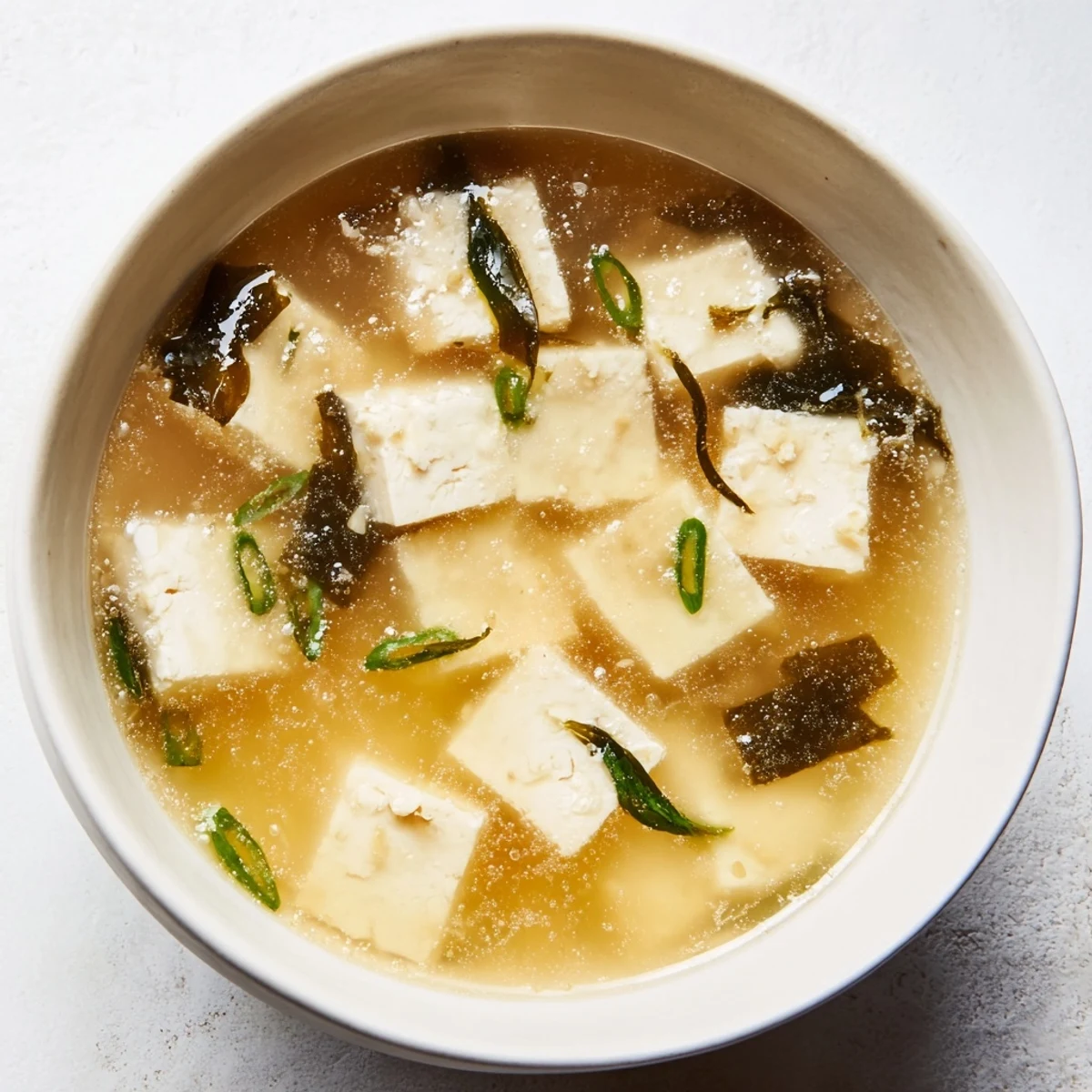 Comforting vegetarian miso soup with delicate white miso flavor, tender tofu pieces, and savory wakame topping