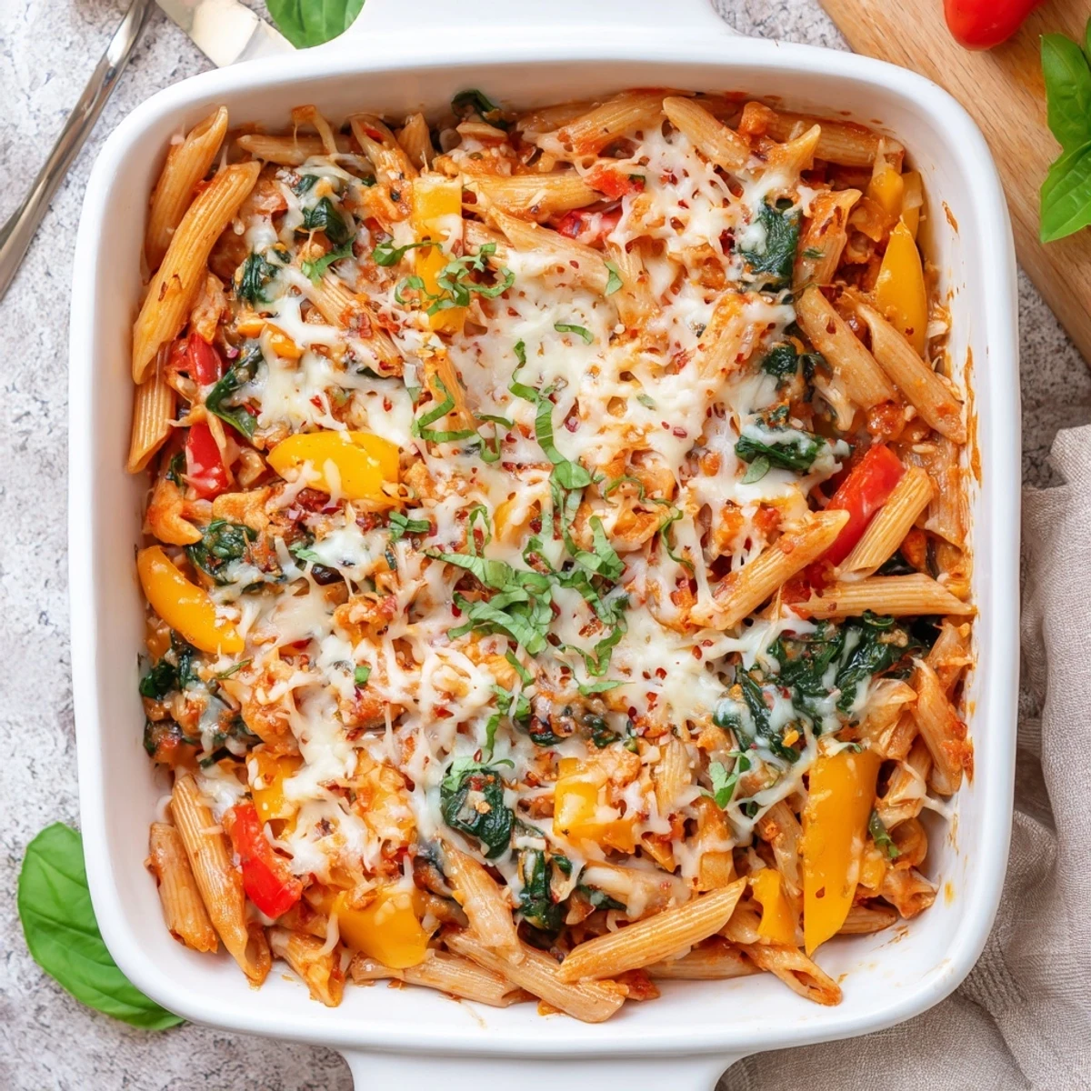 Golden cheesy homemade ground turkey pasta bake with bubbling mozzarella and fresh basil garnish