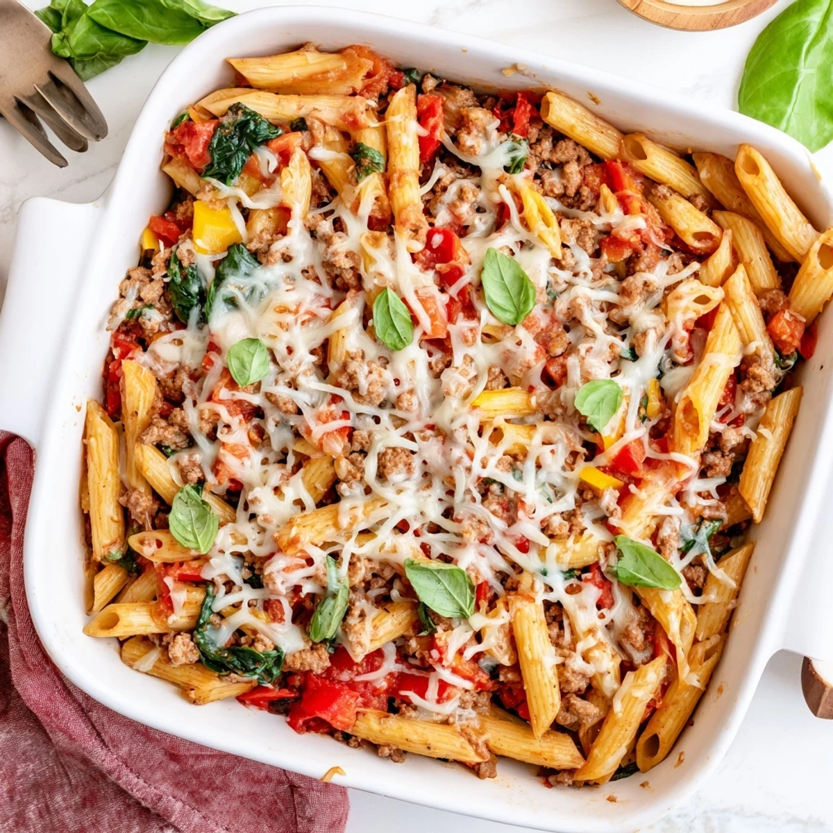 Bubbling homemade ground turkey pasta bake casserole with melted cheese topping and red tomato sauce