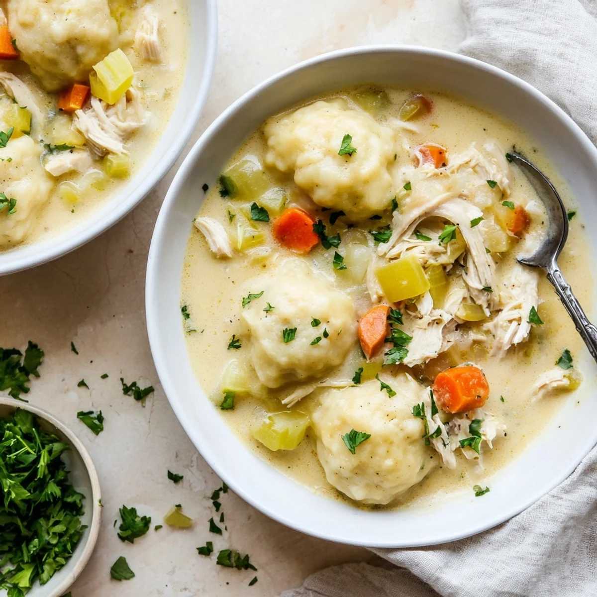 Golden fluffy biscuit dumplings float atop creamy chicken soup with tender shredded meat