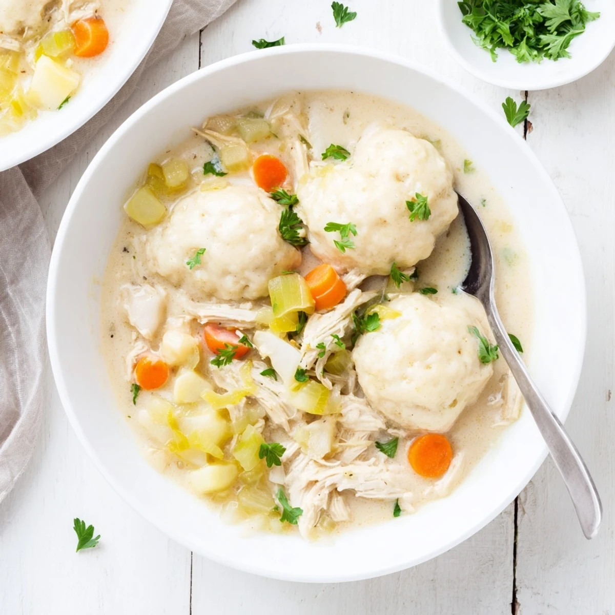 Rich chicken and dumplings featuring steaming broth dotted with carrots and fluffy biscuits