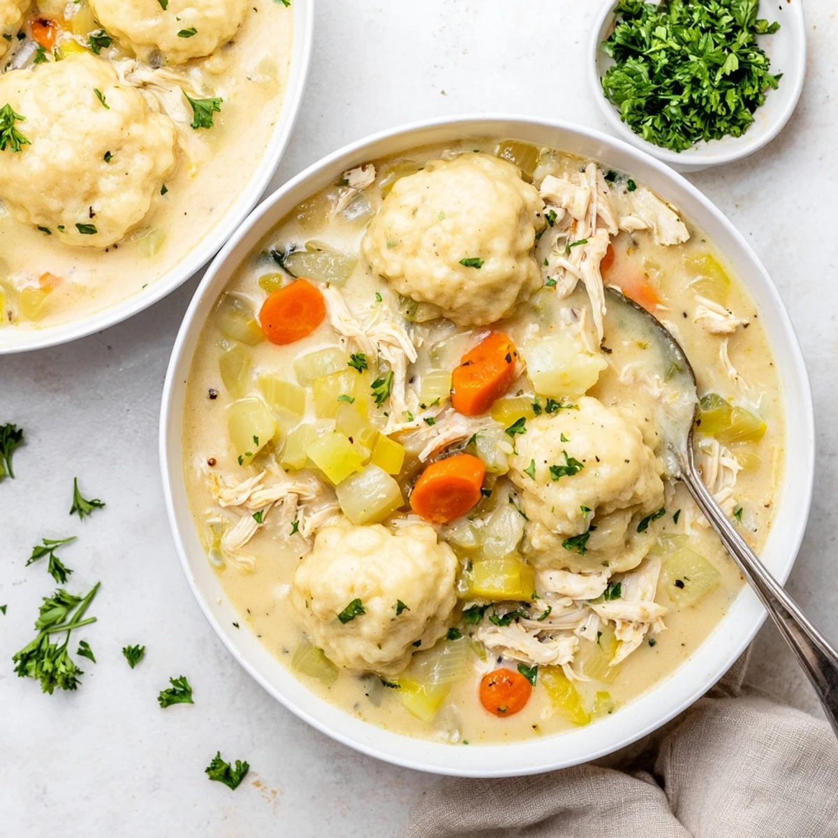 Comforting bowl of chicken and dumplings with pillowy biscuits in a velvety cream sauce