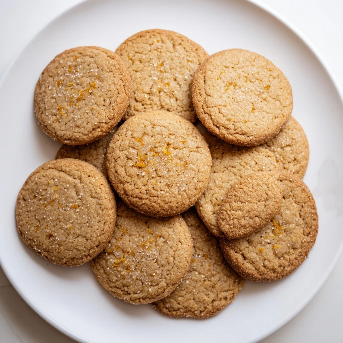 Golden orange clove cookies dusted with coarse sugar on a white baking sheet