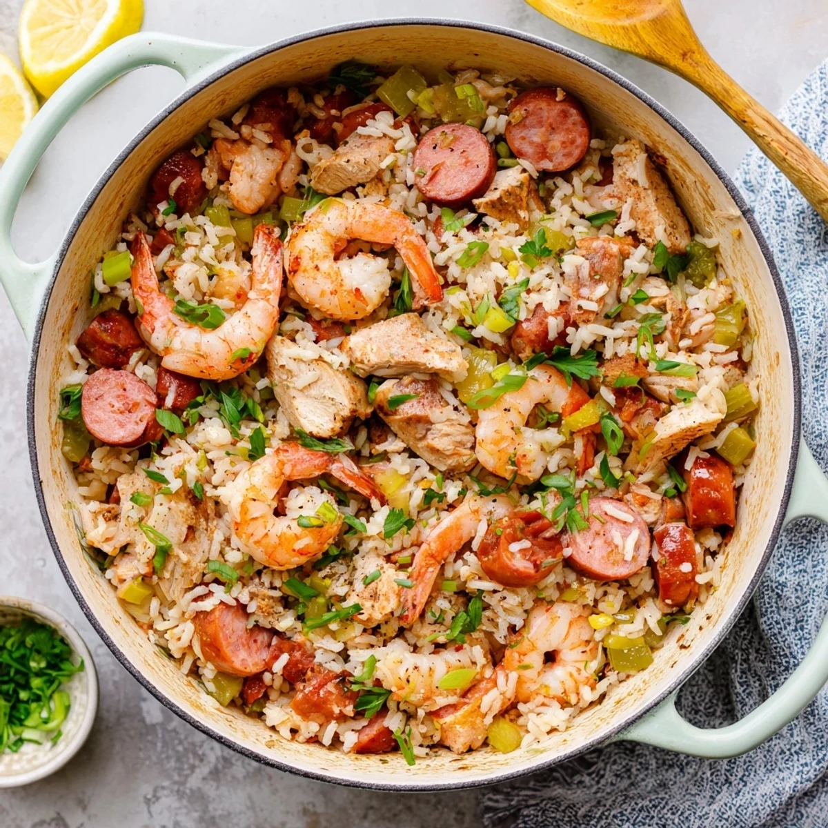 Vibrant Cajun jambalaya with colorful vegetables, rice, and seafood simmered in a single pot.