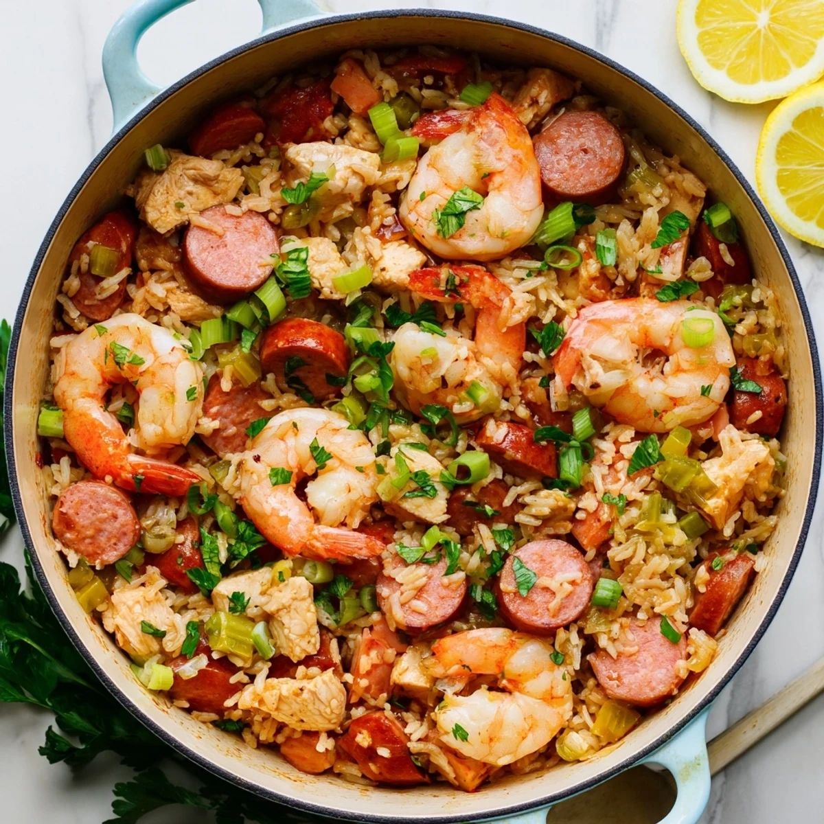 One pot Cajun jambalaya featuring tender shrimp, andouille sausage, and chicken in spiced rice.