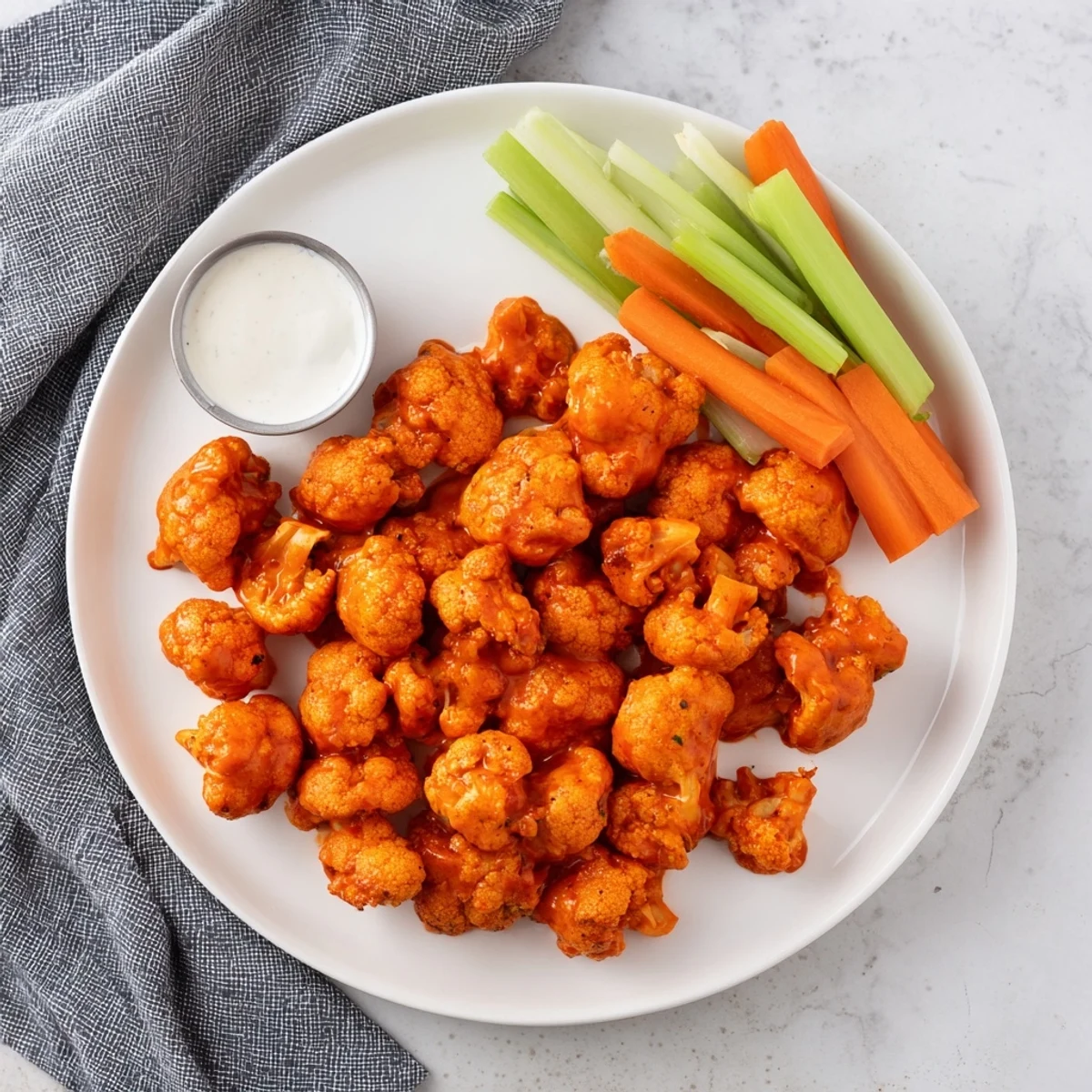 Spicy baked buffalo cauliflower bites coated in tangy red sauce, garnished with green onion and served with ranch