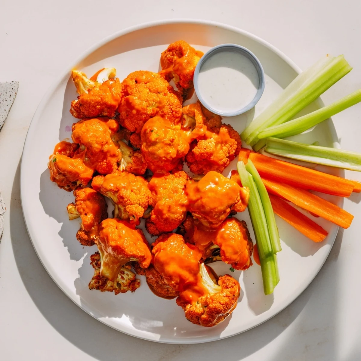 Golden crispy buffalo cauliflower bites arranged on a white serving platter with fresh celery and carrot sticks