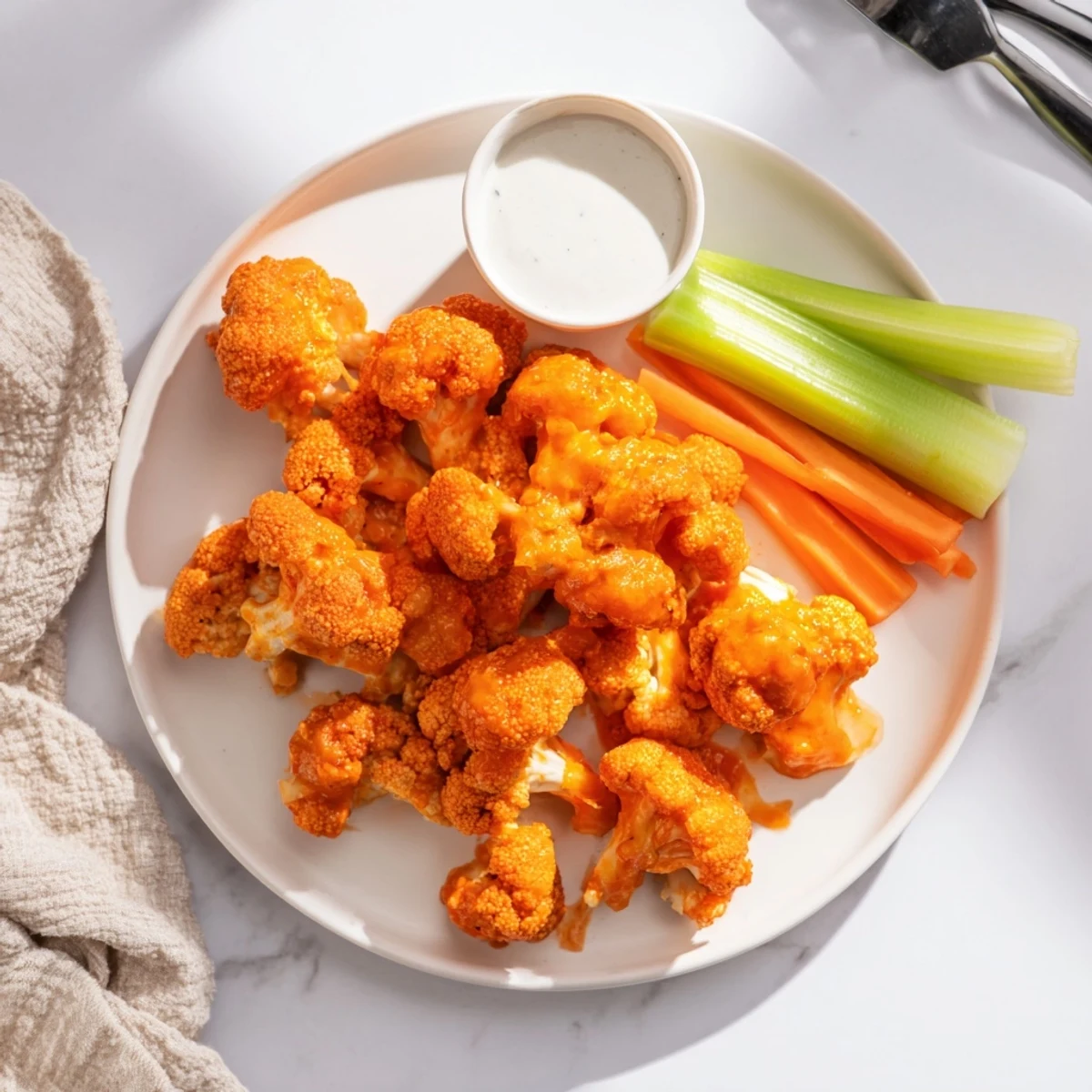 Plate of crispy buffalo cauliflower bites drizzled with extra buffalo sauce alongside crisp vegetable sticks for dipping