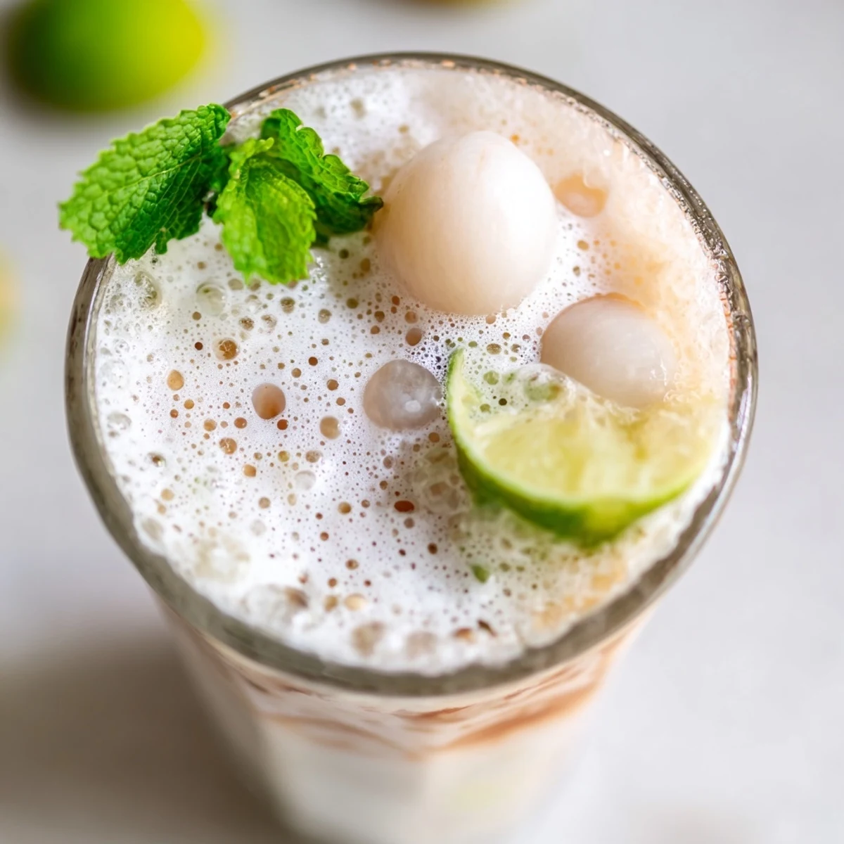 Creamy coconut lychee iced drink served in tall glasses over ice with fresh lime wedges and mint
