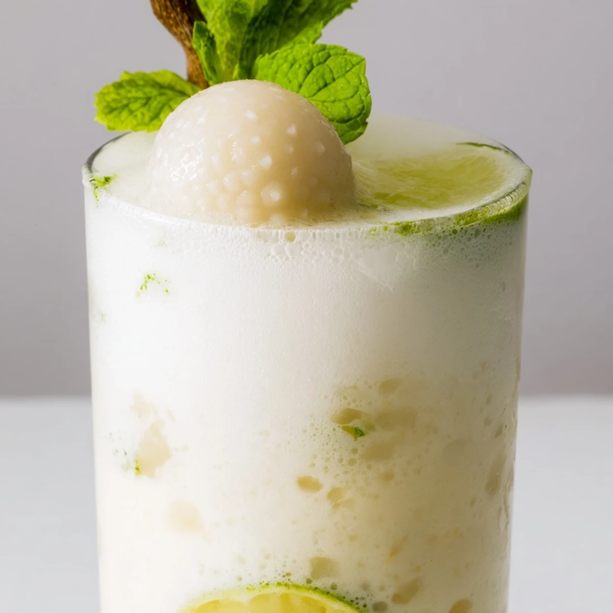 Tropical coconut lychee iced drink featuring smooth blended coconut milk with sweet lychee fruit and garnish