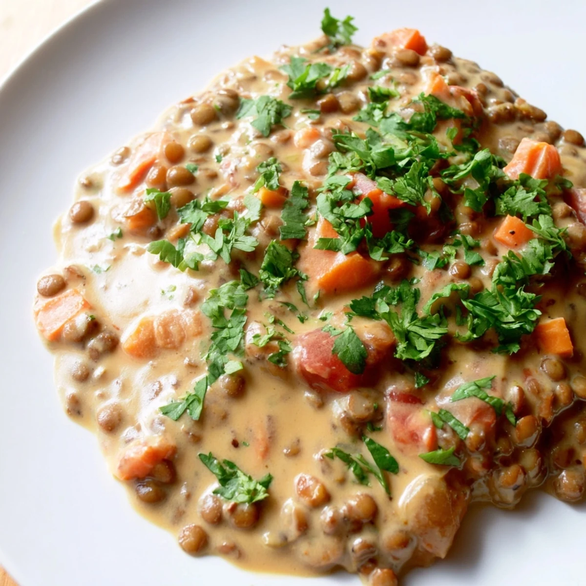 Creamy Greek yogurt lentil curry garnished with fresh cilantro and served over fluffy white rice