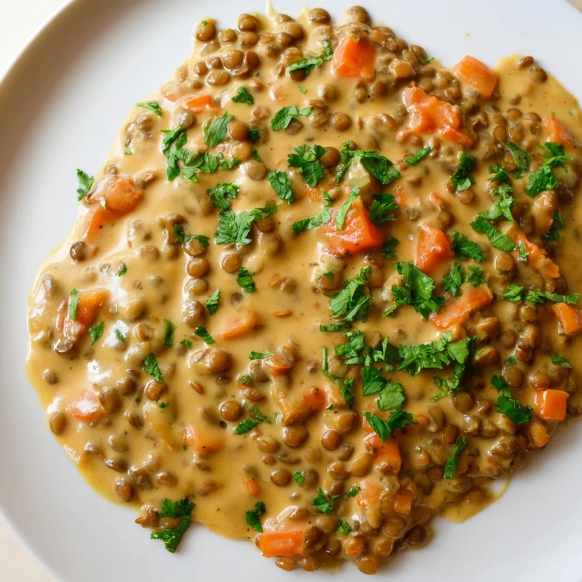 Protein-rich Greek yogurt lentil curry featuring tender lentils in a velvety tangy sauce with diced tomatoes