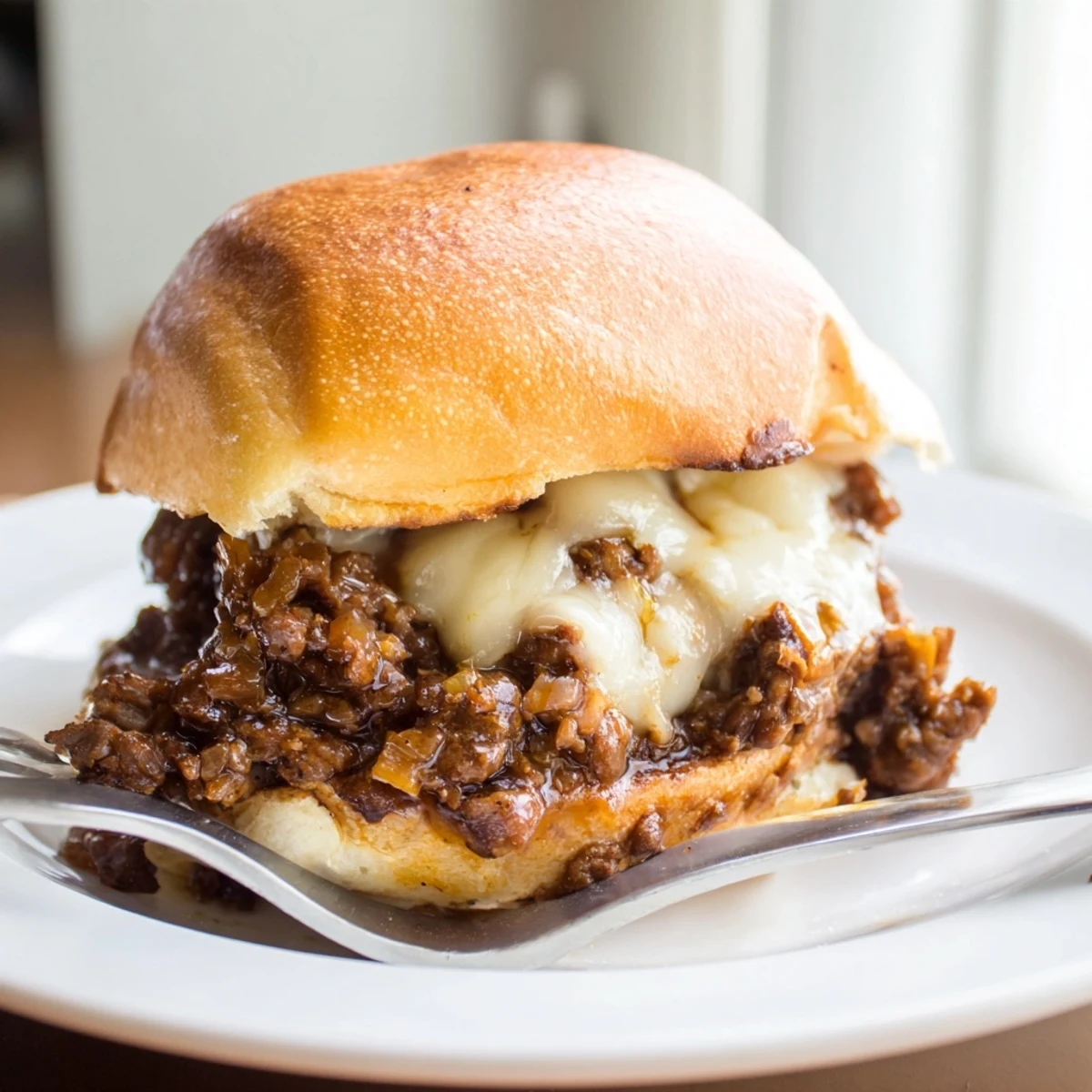 Golden caramelized onions and seasoned ground beef piled on toasted brioche buns with melted provolone cheese