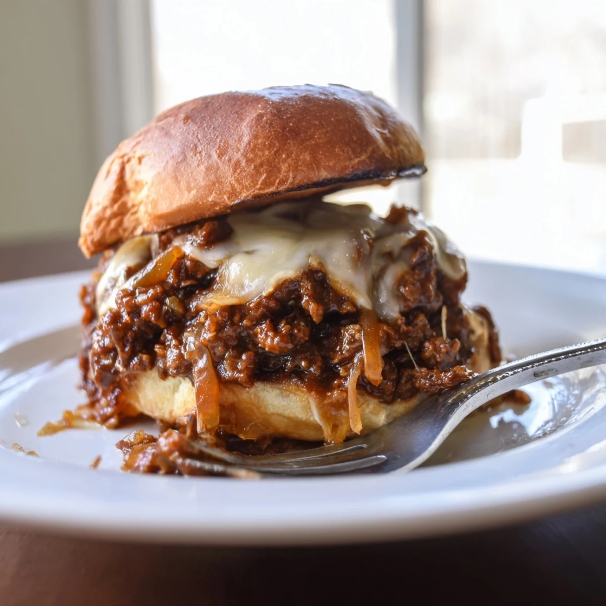 Hearty sloppy joes feature sweet caramelized onions and ground beef served on golden buns with melted Swiss cheese