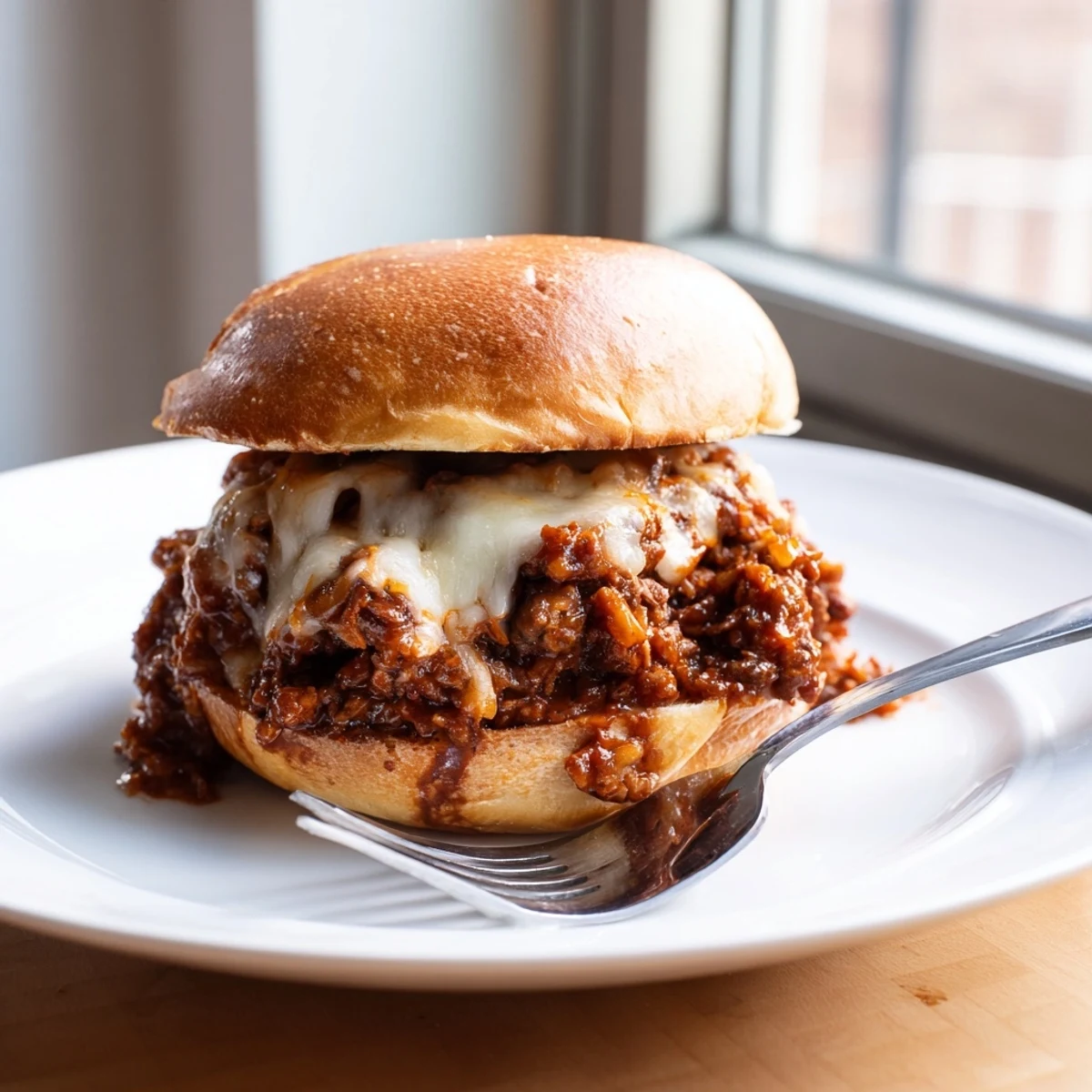 French onion beef sloppy jones sandwich dripping with savory beef and onion mixture topped with bubbly Gruyère