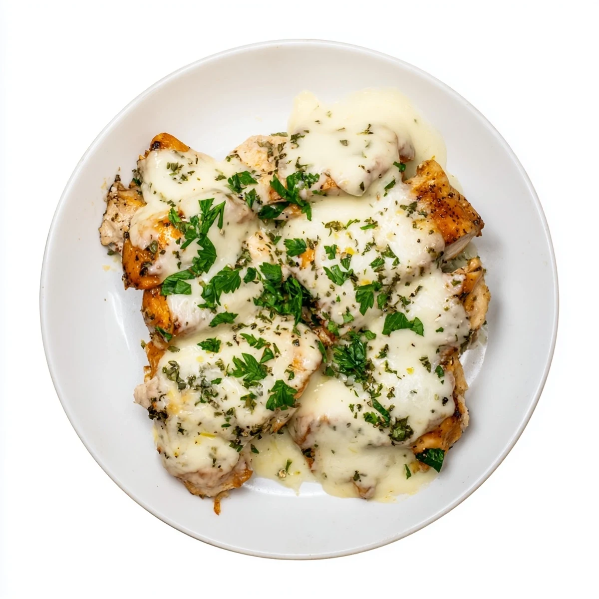 Golden bubbly creamy Parmesan baked Caesar chicken with melted mozzarella topping in a baking dish