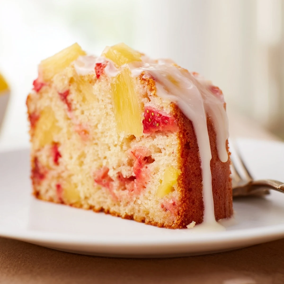 Golden slice of moist strawberry pineapple pound cake topped with sweet glaze on white plate