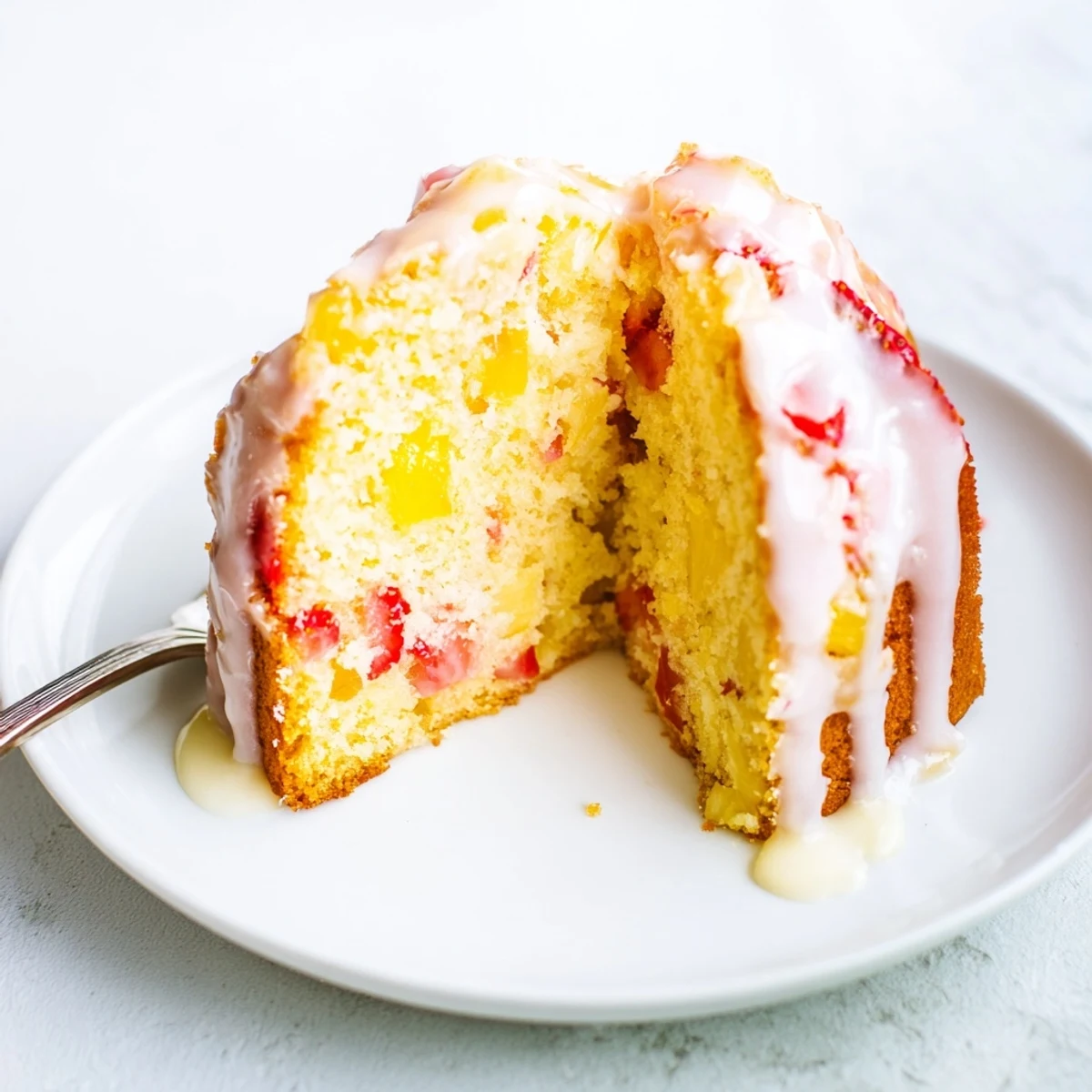 Fresh strawberry and pineapple chunks speckled throughout tender vanilla pound cake loaf with powdered sugar drizzle