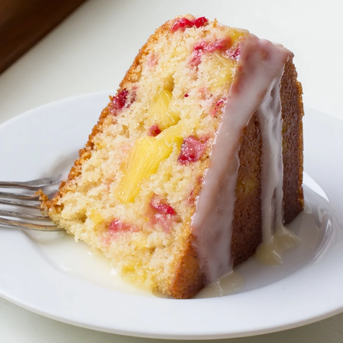 Bundt cake bursting with juicy strawberries and pineapple pieces served on rustic wooden cutting board