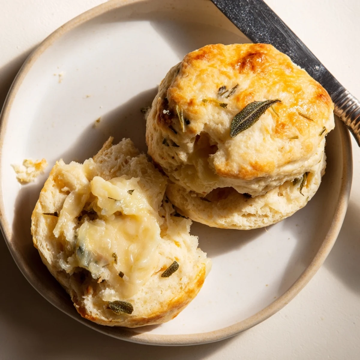Golden brown Sage and Gruyere Biscuits with visible flecks of fresh sage and melted cheese
