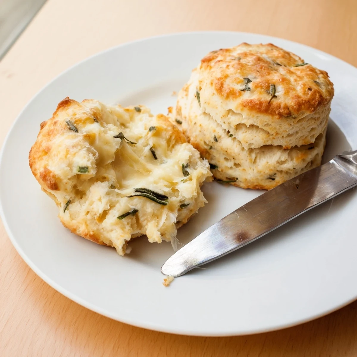 Warm flaky Sage and Gruyere Biscuits stacked on a white plate, perfect for serving at brunch