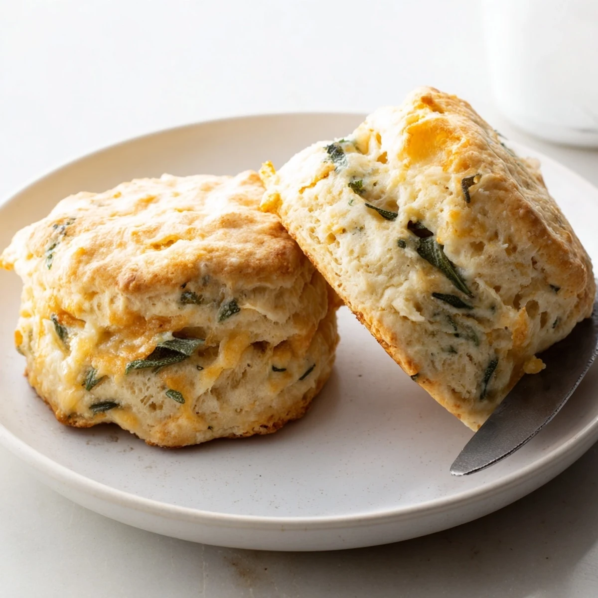 Freshly baked Sage and Gruyere Biscuits arranged on a rustic wooden board with butter melting on top
