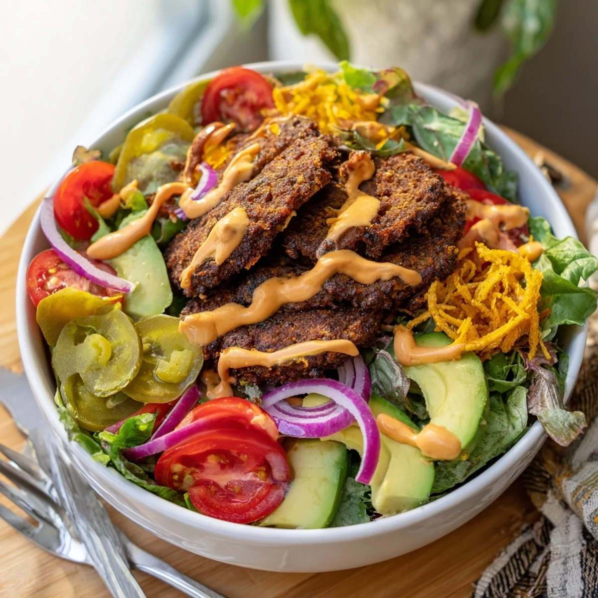 Low-carb smash burger bowl salad loaded with crispy beef patties, cheese, and crisp vegetables