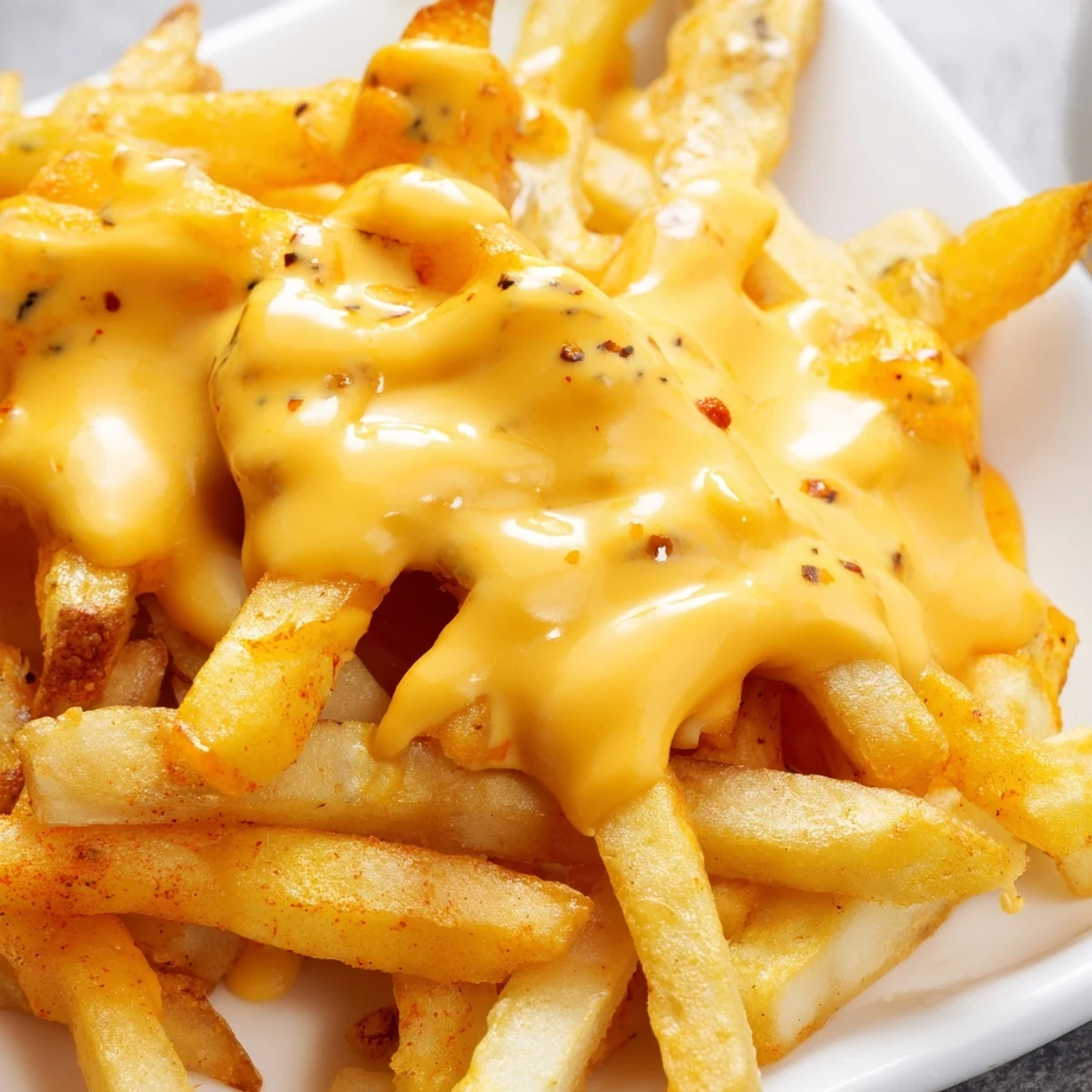 Golden cheese sauce for fries drizzled generously over crispy golden potato wedges on a white plate