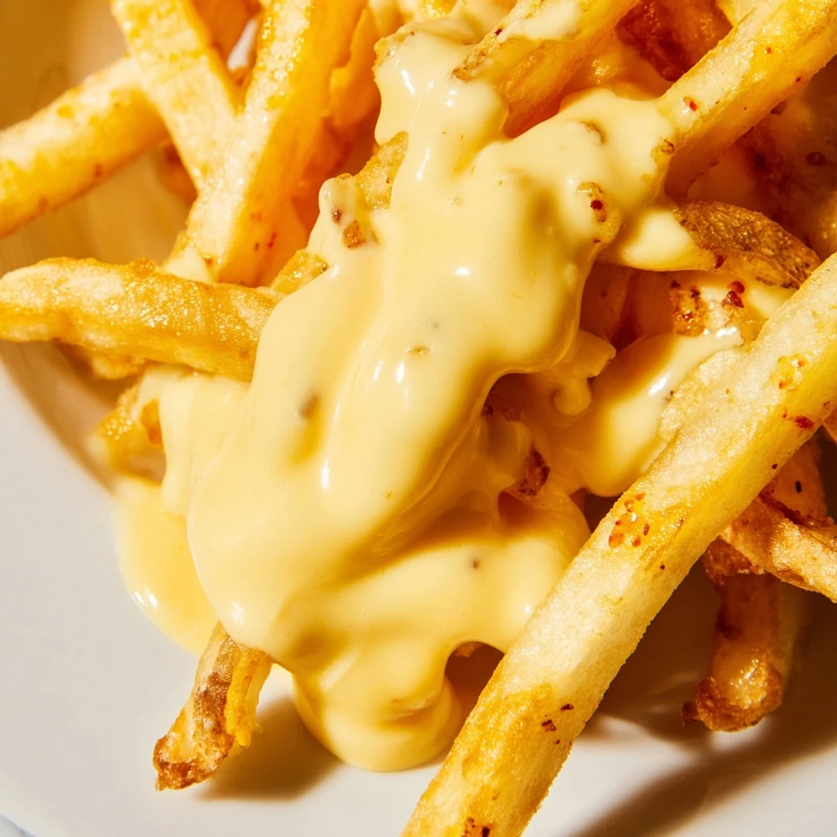 Creamy homemade cheese sauce for fries in a rustic ramekin with melted cheddar and mozzarella bubbles